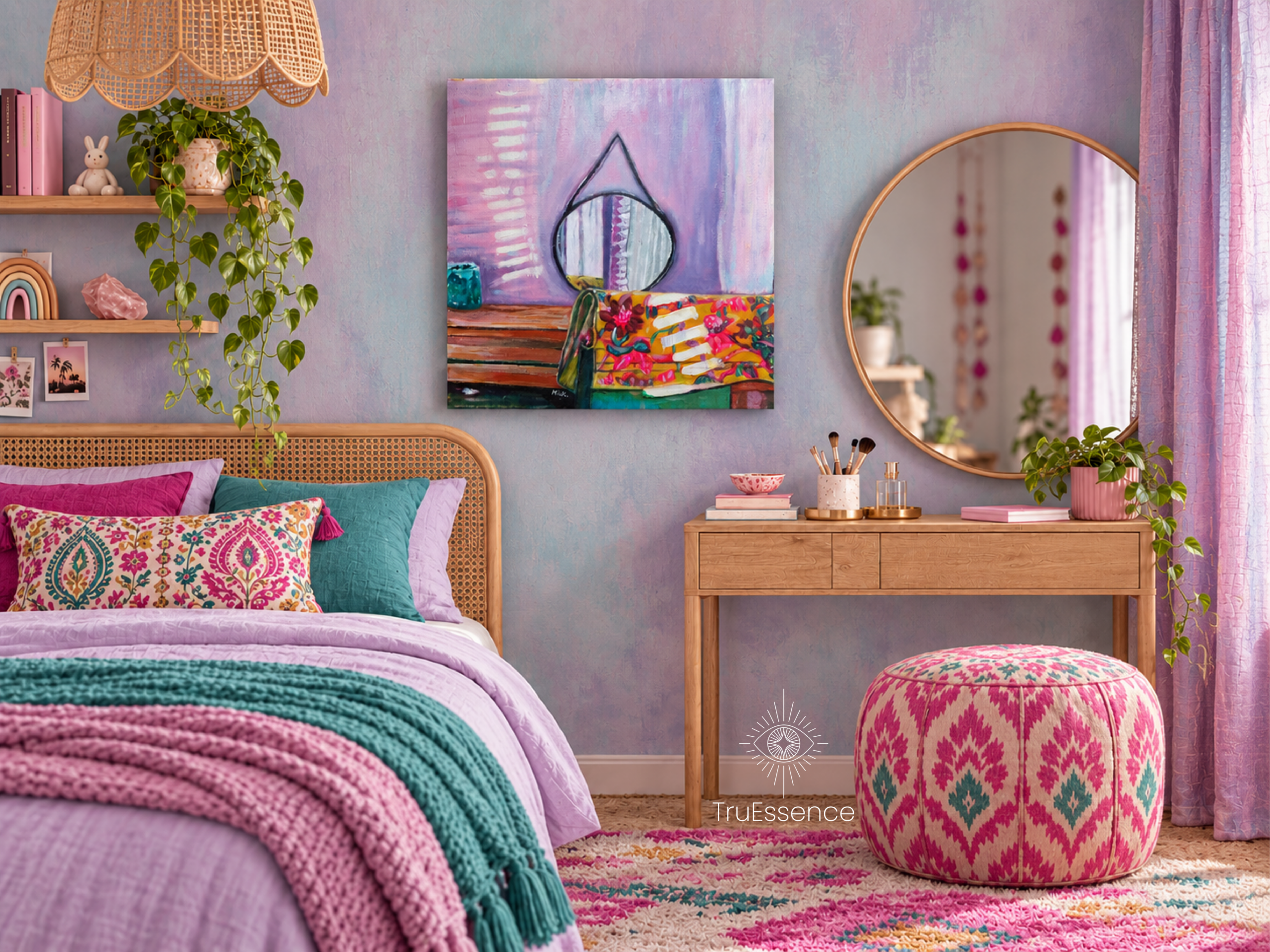 Whimsical teen bedroom interior with a lavender and turquoise colour palette, cane bed, patterned pouffe, sheer lilac curtains, and an original TruEssence painting displayed above the bed.