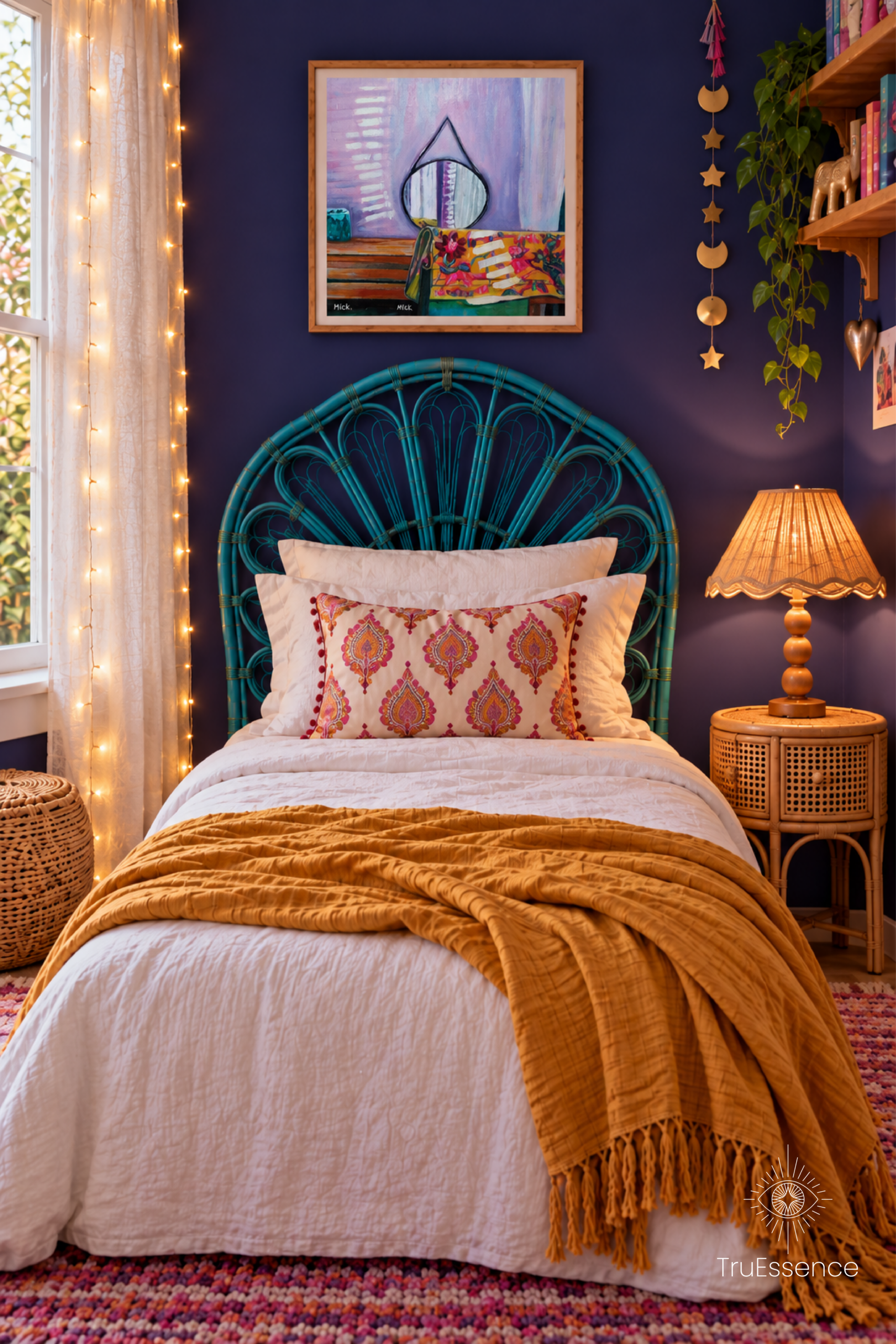 Bohemian young girls bedroom with deep indigo walls, a turquoise rattan headboard, white bedding, mustard throw, fairy lights, and an original TruEssence painting framed above the bed.