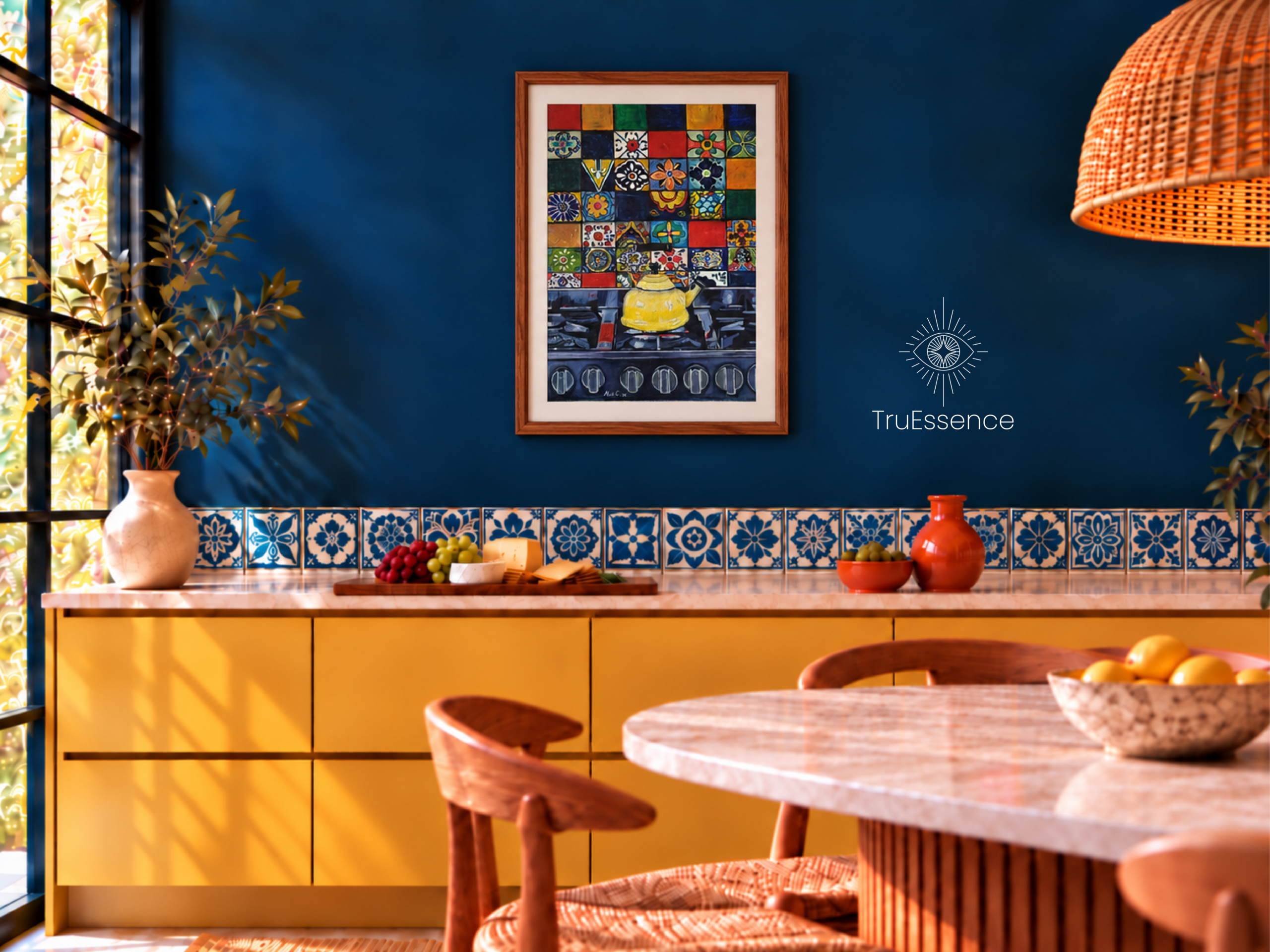 TruEssence Studio_ Kettle Art in a Yellow_Blue_Mediterranean Designed Kitchen
